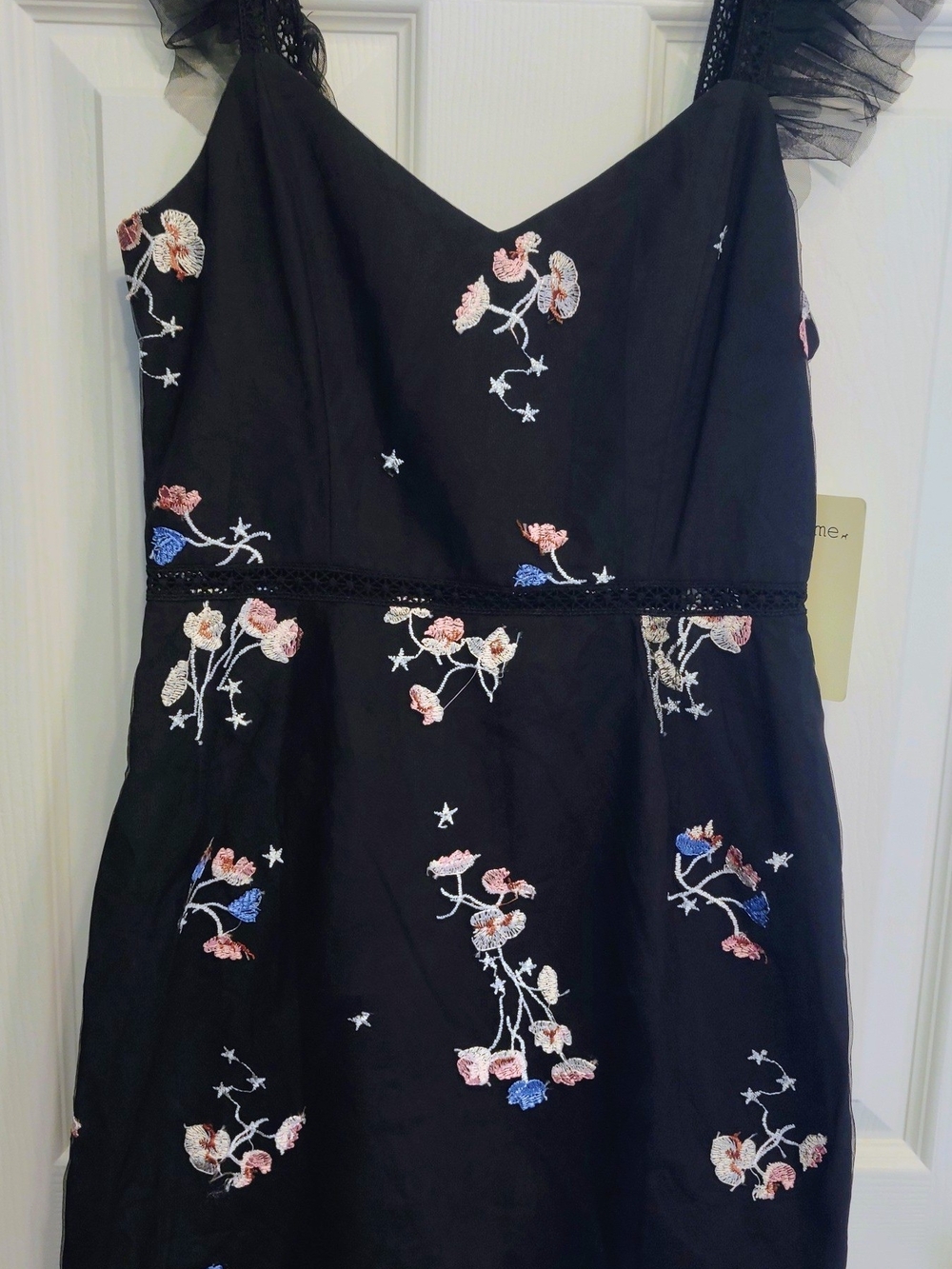 Just Me Black Dress with Pink, Blue & Cream Floral Embroidery